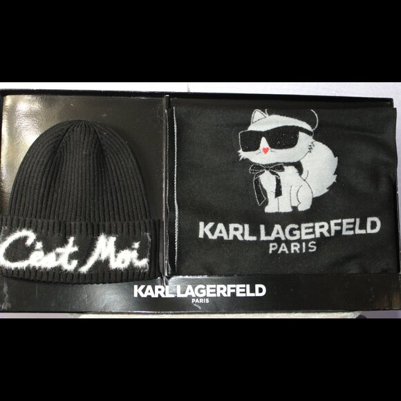 Karl Lagerfeld Paris Beanie & Scarf Gift Set Black C’est Moi Cat Rhinestone NIB main image 7